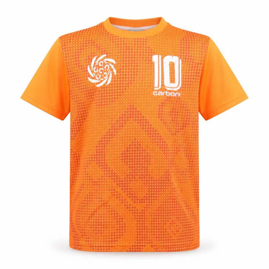 Front view of Carbrini boys’ orange football jersey t-shirt 10-11 years