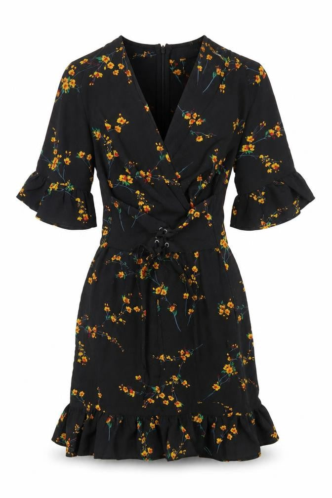 PRETTYLITTLETHING Women's Black Floral Wrap Dress