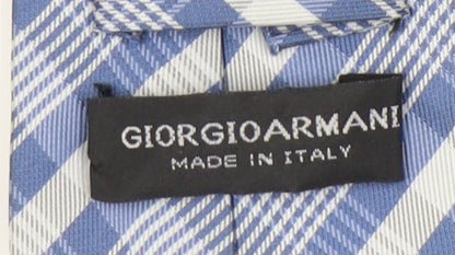 Close-up detail of Giorgio Armani Men's Blue Silk Plaid Tie, Handmade, One Size
