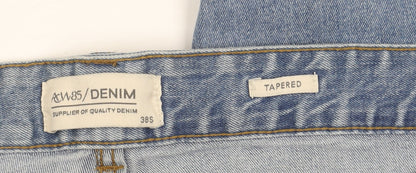 Brand and care label for ACW85 Men's Blue Tapered Denim Jeans 38S