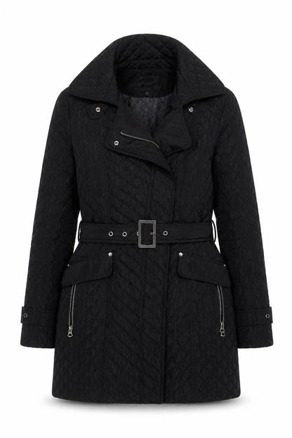 Front view of Next women’s quilted black hooded jacket, size UK 8