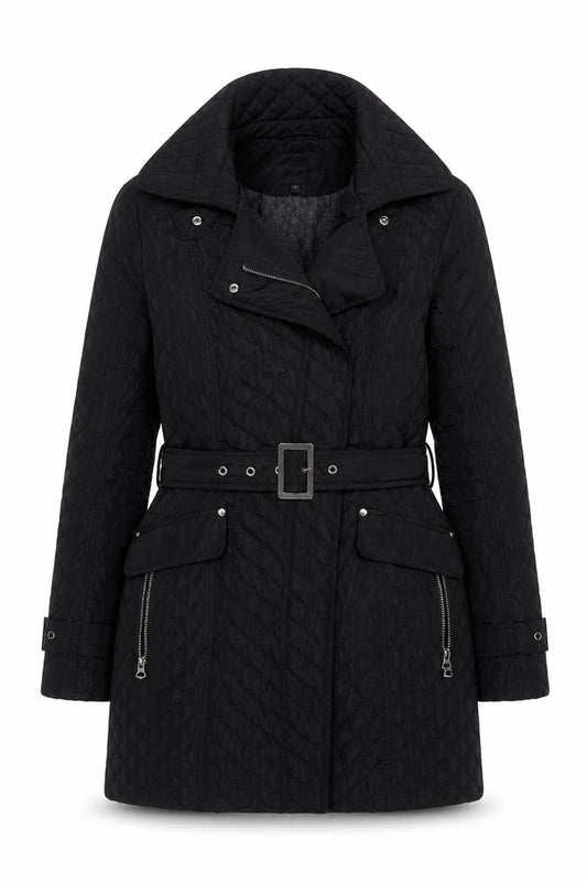 Front view of Next women’s quilted black hooded jacket, size UK 8