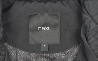 Brand and care label for Next women’s quilted black hooded jacket, size UK 8