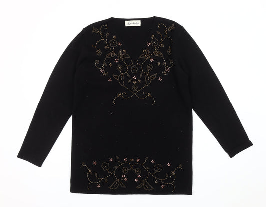 Berkertex Women's Black Embroidered V-Neck Jumper, Size 10-12