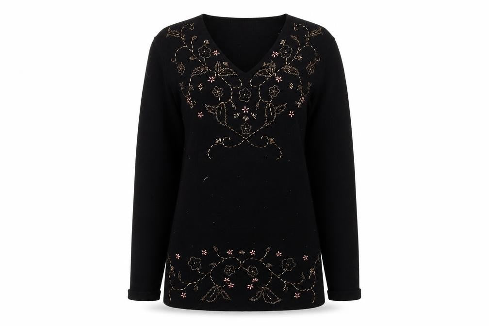 Berkertex Women's Black Embroidered V-Neck Jumper, Size 10-12