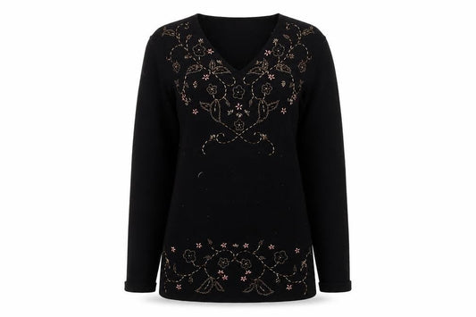 Berkertex Women's Black Embroidered V-Neck Jumper, Size 10-12