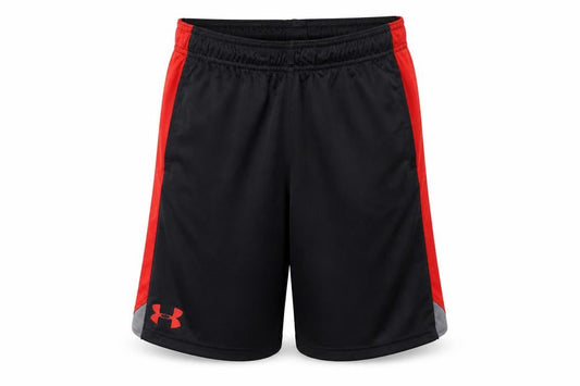 Front view of Under Armour boys’' black athletic shorts, size M