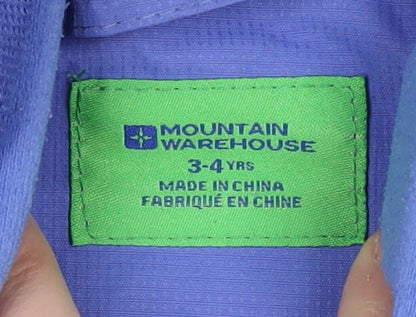 Brand and care label for Mountain Warehouse Blue girls’ hooded jacket 3-4 years