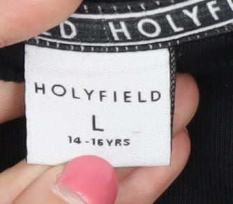 Brand and care label for Holyfield girls’ sweatshirt black multicoloured pullover 14-15 years