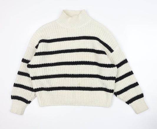 H&M Women's White Black Striped Jumper Mock Neck M