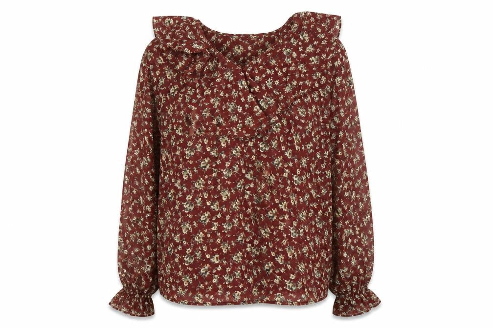 Impressions Women's Red Floral Blouse, Size 12, Ruffle Accent