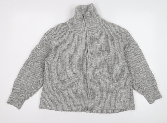 Pull&Bear Women's Grey Full Zip High Neck Jumper XS