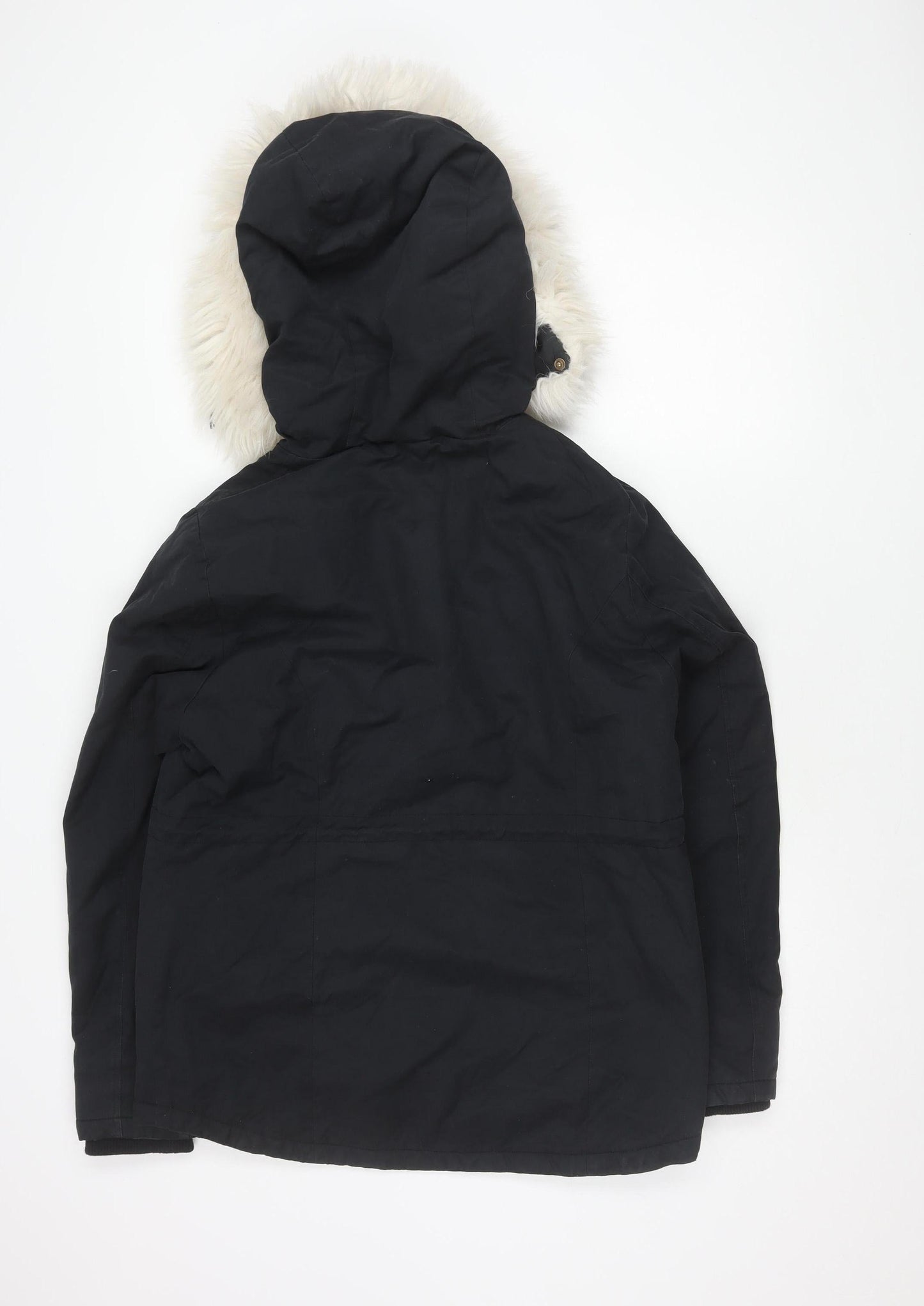 Topshop Women's Black Parka Jacket Size 12 Hooded Fur Trim