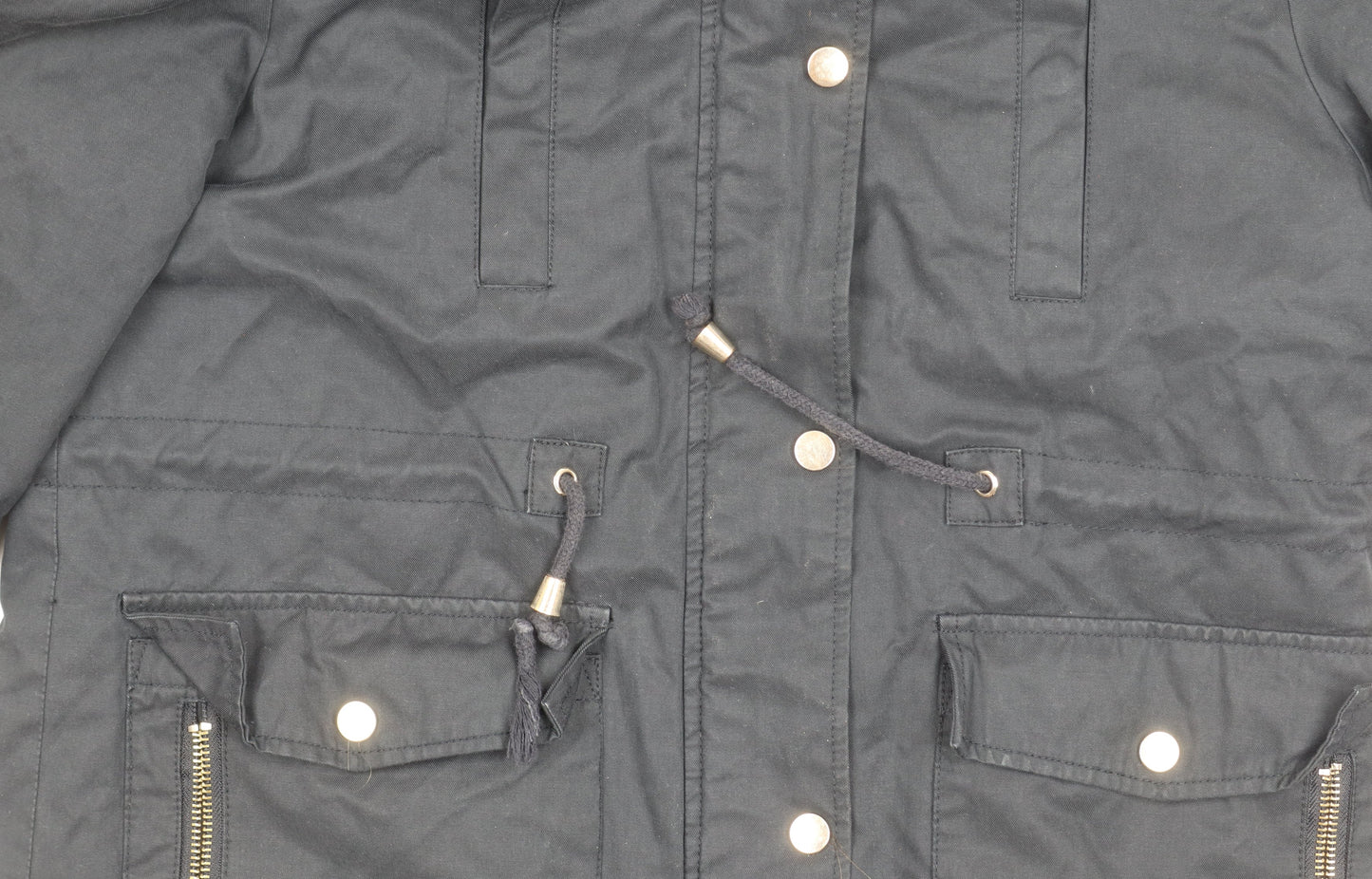 Topshop Women's Black Parka Jacket Size 12 Hooded Fur Trim