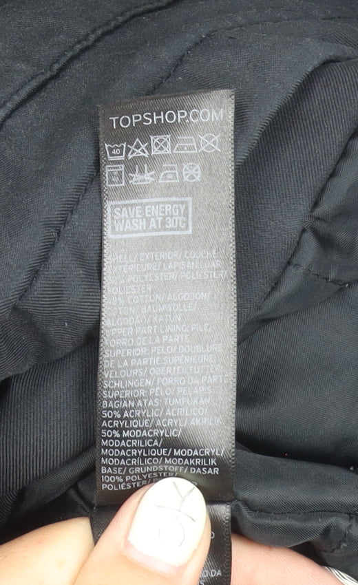 Topshop Women's Black Parka Jacket Size 12 Hooded Fur Trim