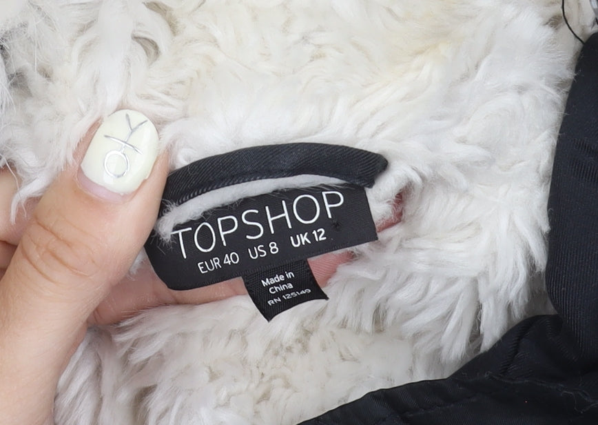 Topshop Women's Black Parka Jacket Size 12 Hooded Fur Trim