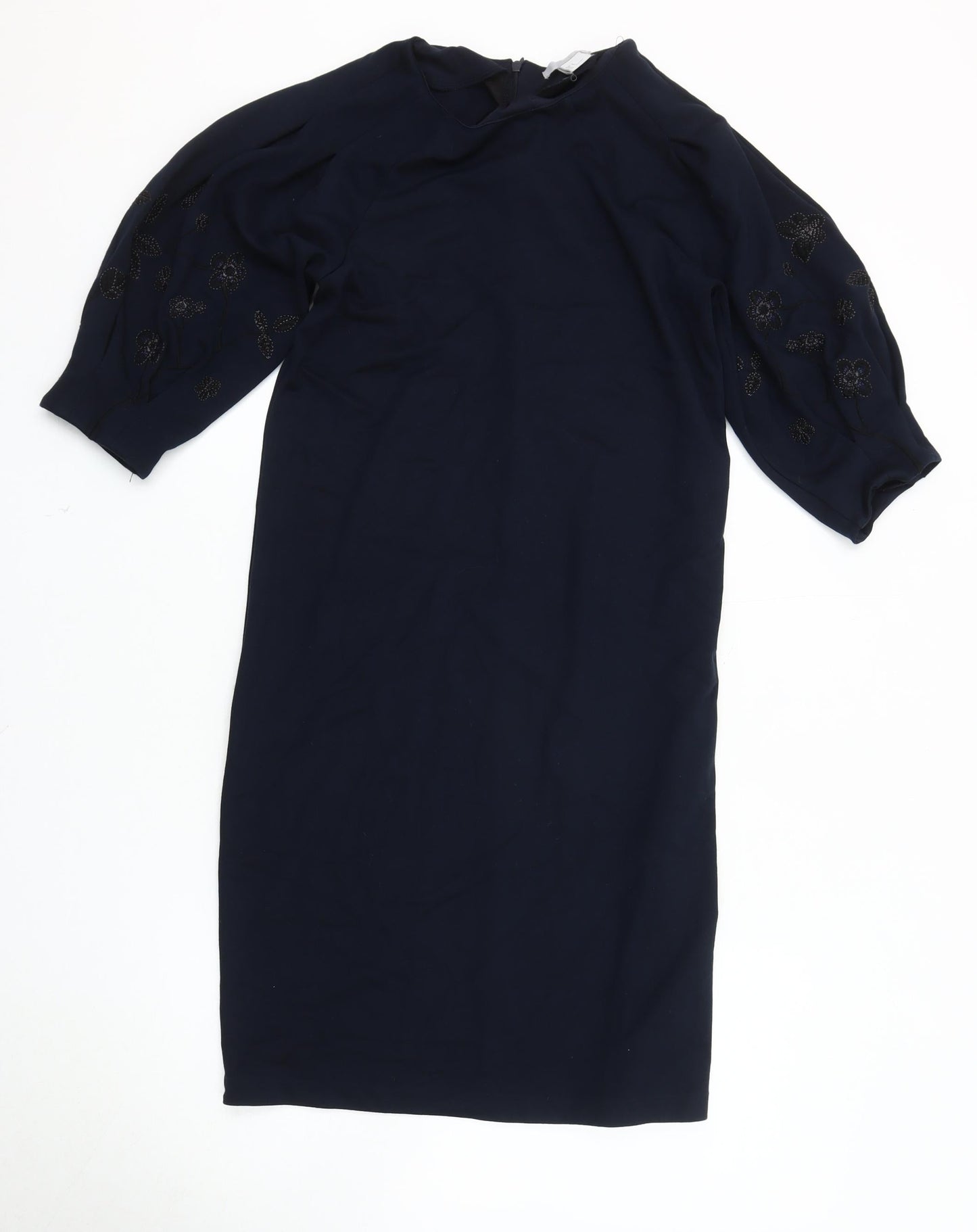 H&M Women's Blue Embroidered Dress, Size S, 3/4 Balloon Sleeve