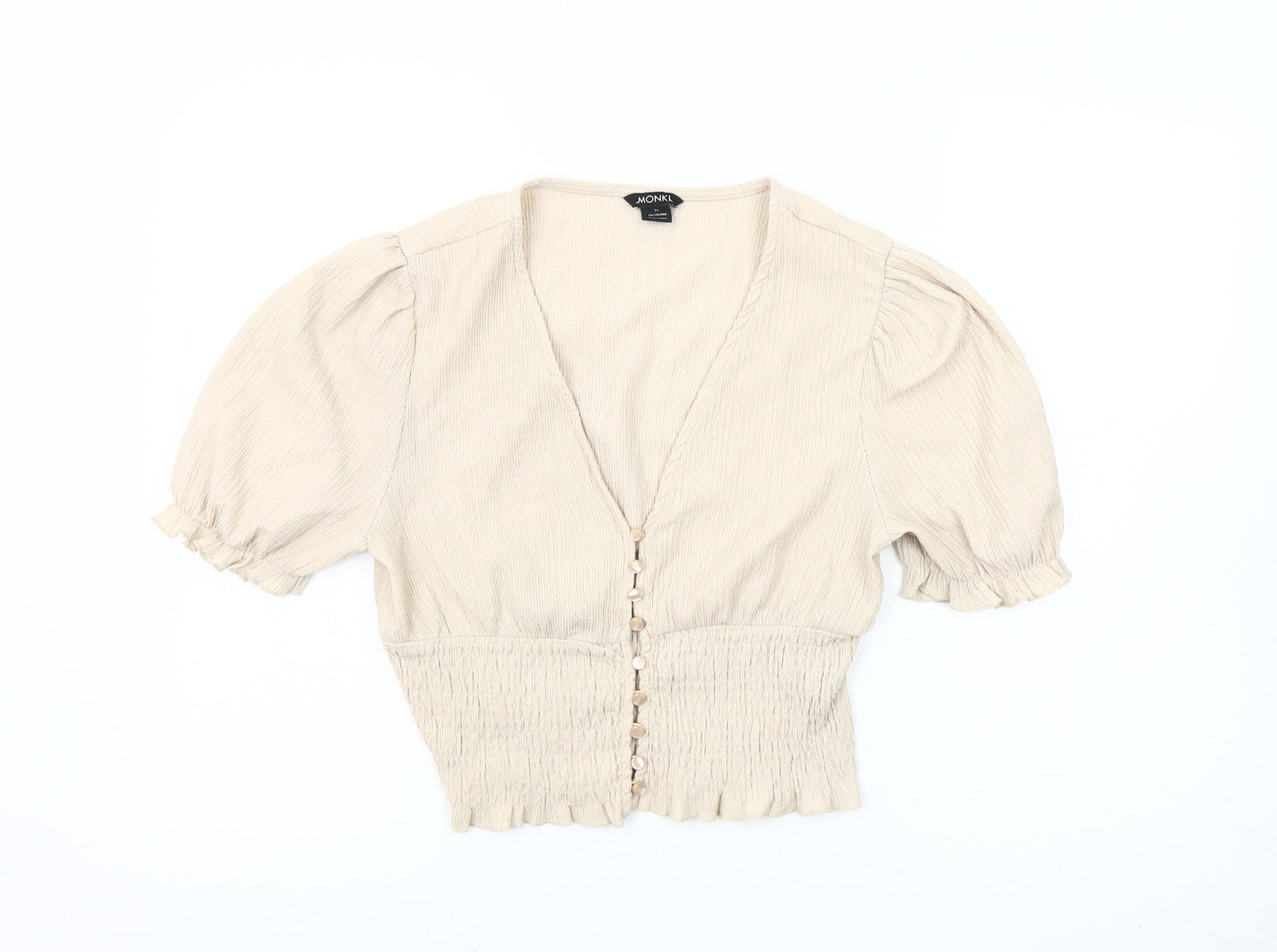Monki Women's Beige Blouse - Size M with Puff Sleeves