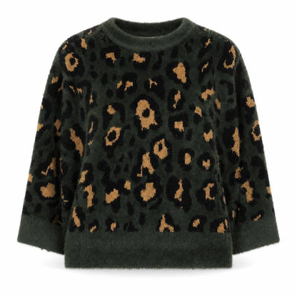 Front view of Savannah Miller Women's Green Animal Print jumper