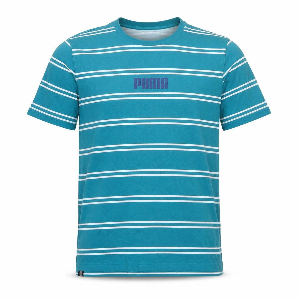 Puma Men's Blue Striped Cotton T-Shirt - Size S