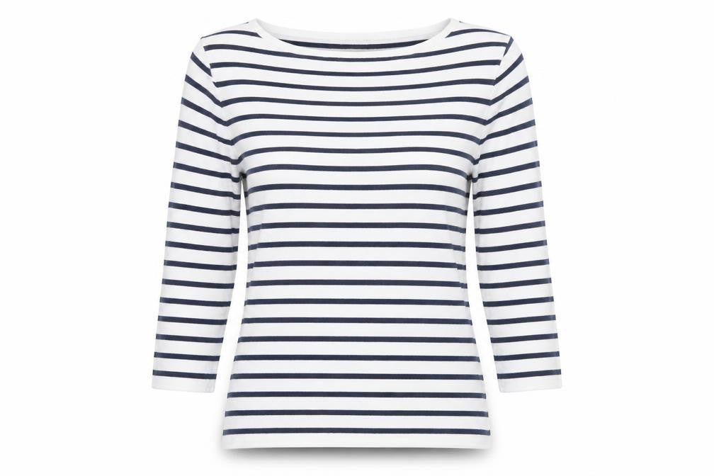 Oui Women's White Striped 3/4 Sleeve Boat Neck T-Shirt