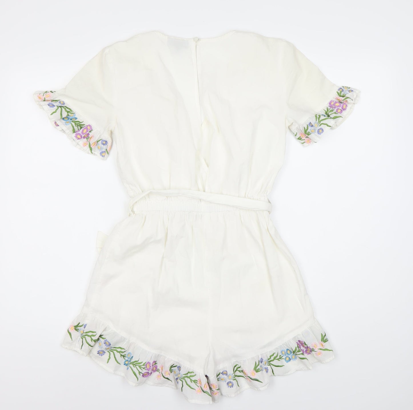 Topshop Women's White Floral Embroidered Playsuit Size 6