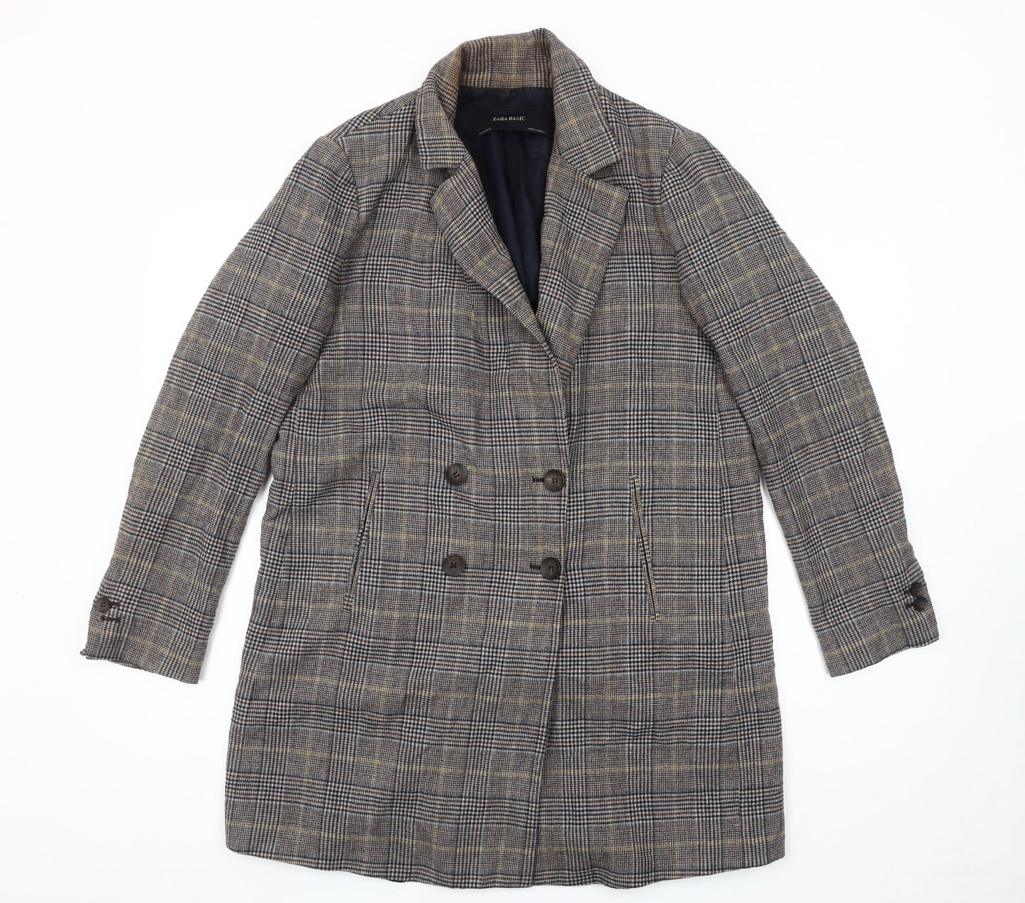 Zara Women’s Multicoloured Check Wool Overcoat Size 12