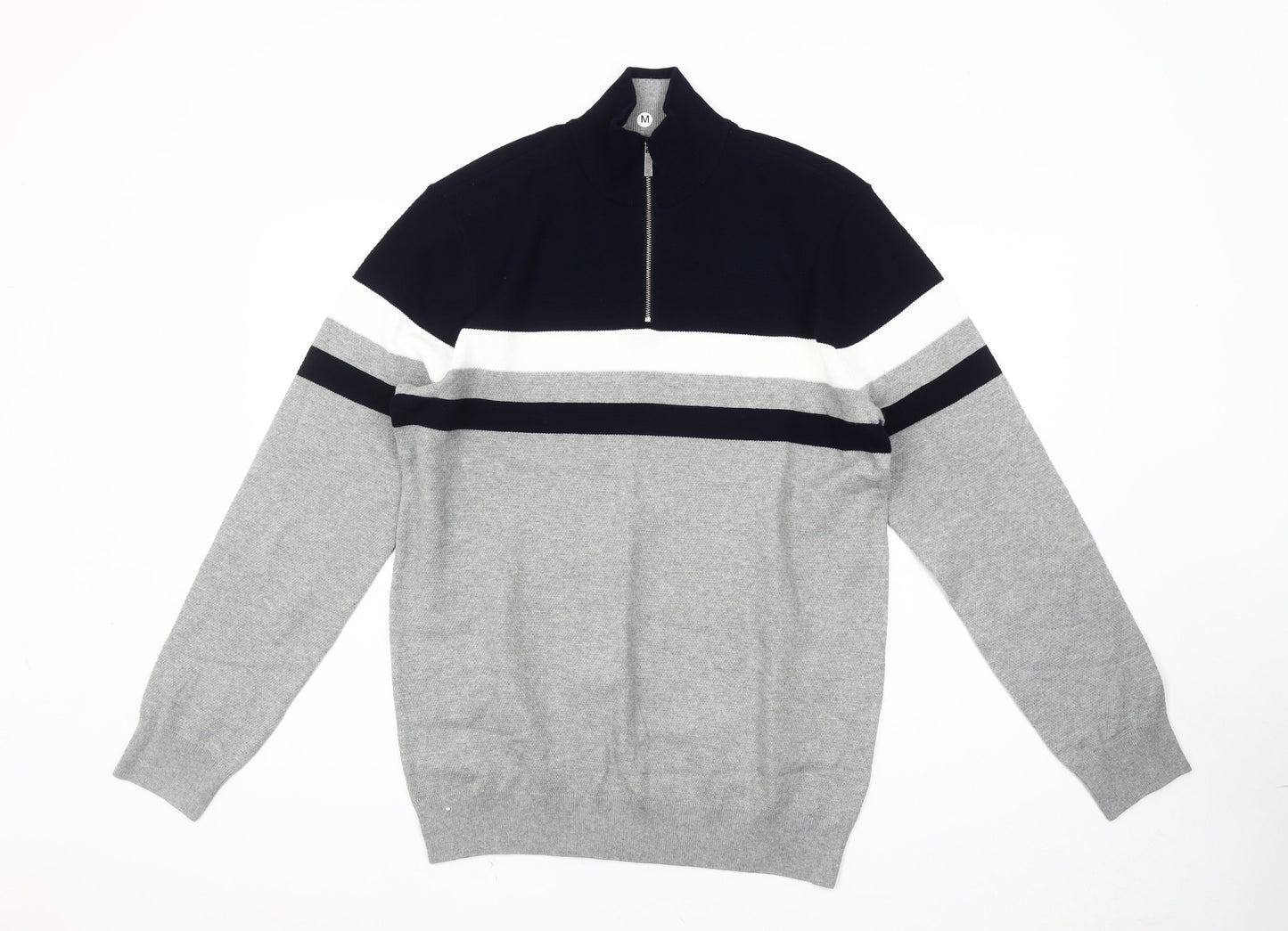 Very Men's Grey Striped 1/4 Zip Sweatshirt M