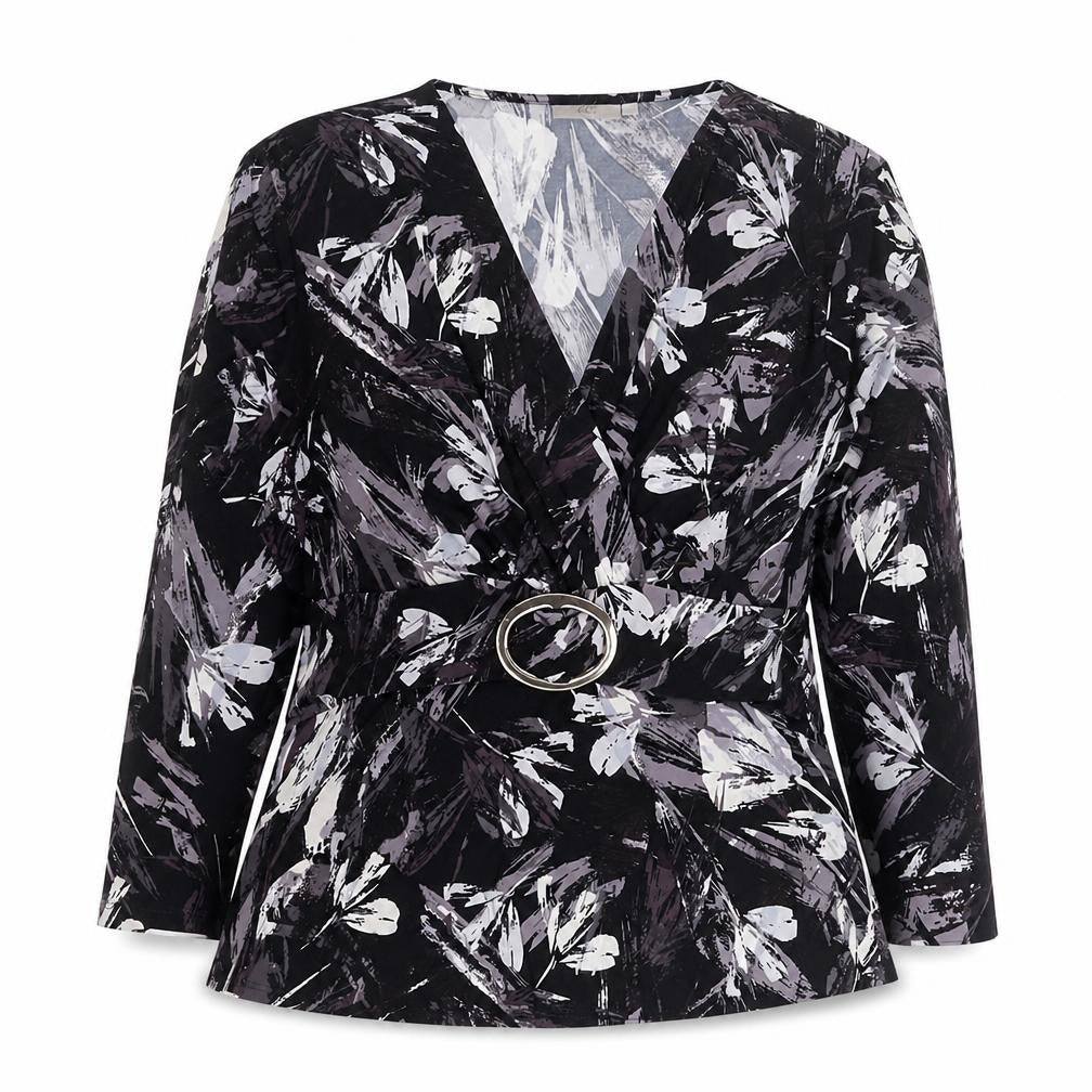 Country Casuals Women's Black Floral Wrap Blouse V-Neck