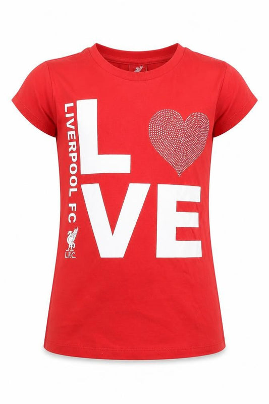 Front view of LFC girls’ red t-shirt, 7-8 years, cotton, football graphic
