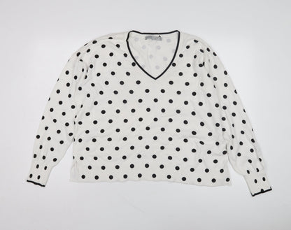 Oasis Women's White Polka Dot V-Neck Pullover Jumper M