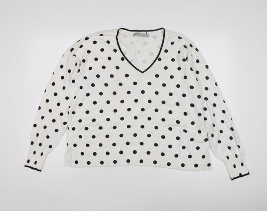 Oasis Women's White Polka Dot V-Neck Pullover Jumper M