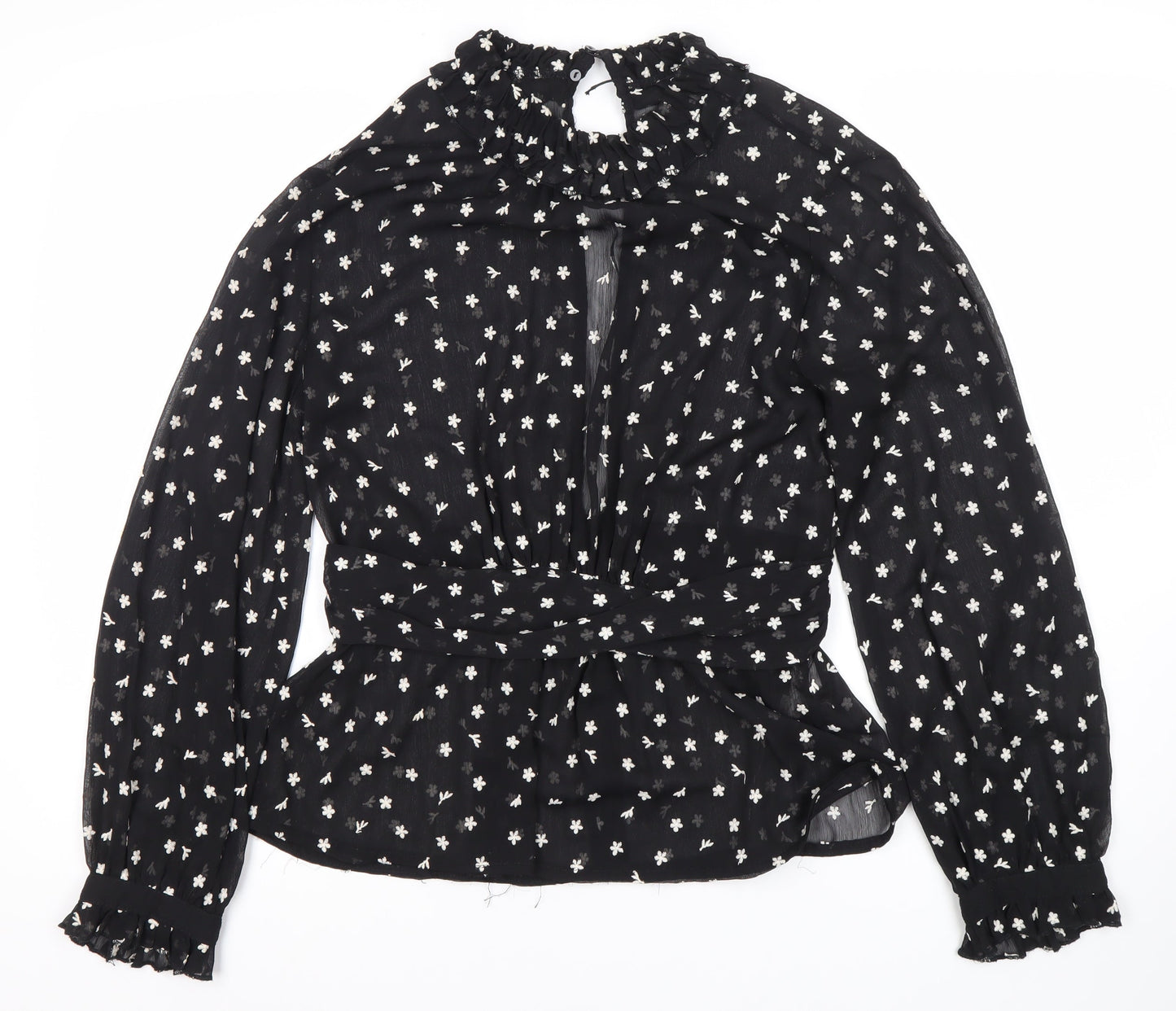 Zara Women's Black Floral Tunic Blouse, Size 12, High Neck