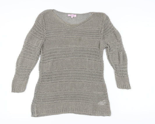 Marks and Spencer Women's Grey Open-Knit V-Neck Jumper L