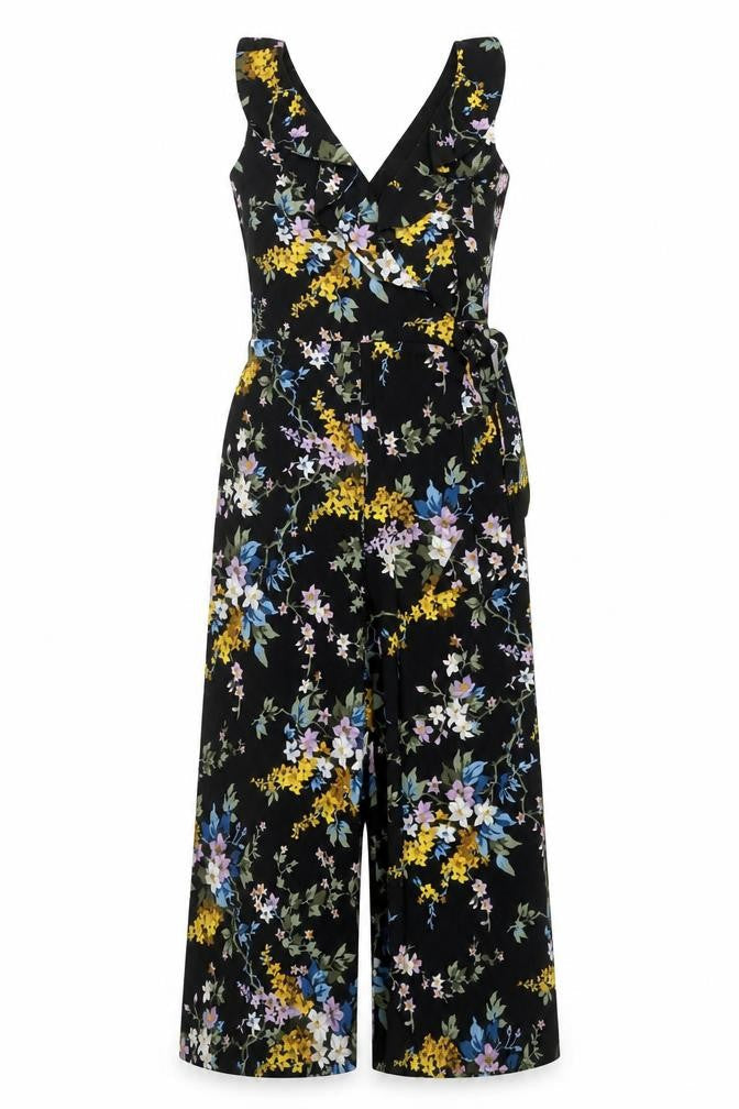 Warehouse Women's Black Floral Jumpsuit 8 Sleeveless