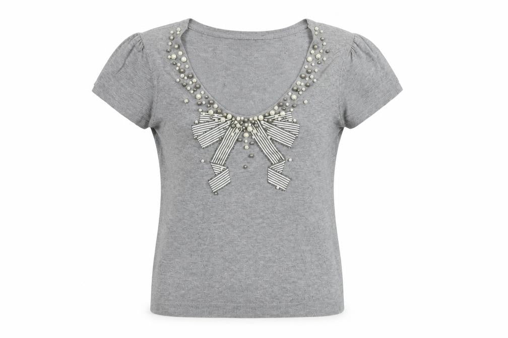 Phase Eight Grey Beaded Bow Women's T-Shirt Size 16