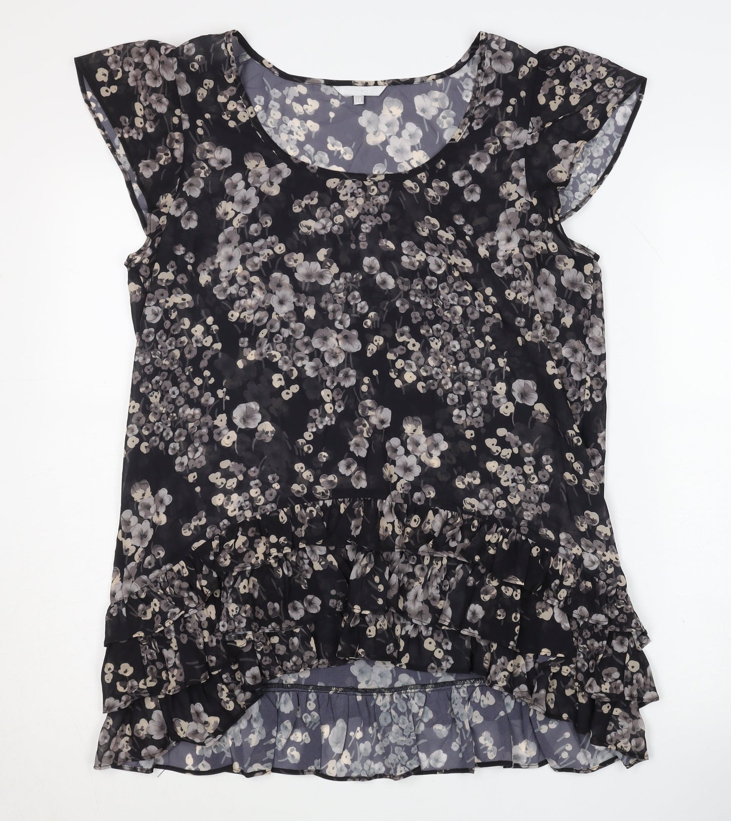Women's Black Floral Blouse with Ruffle Detail