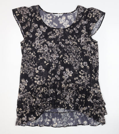 Women's Black Floral Blouse with Ruffle Detail