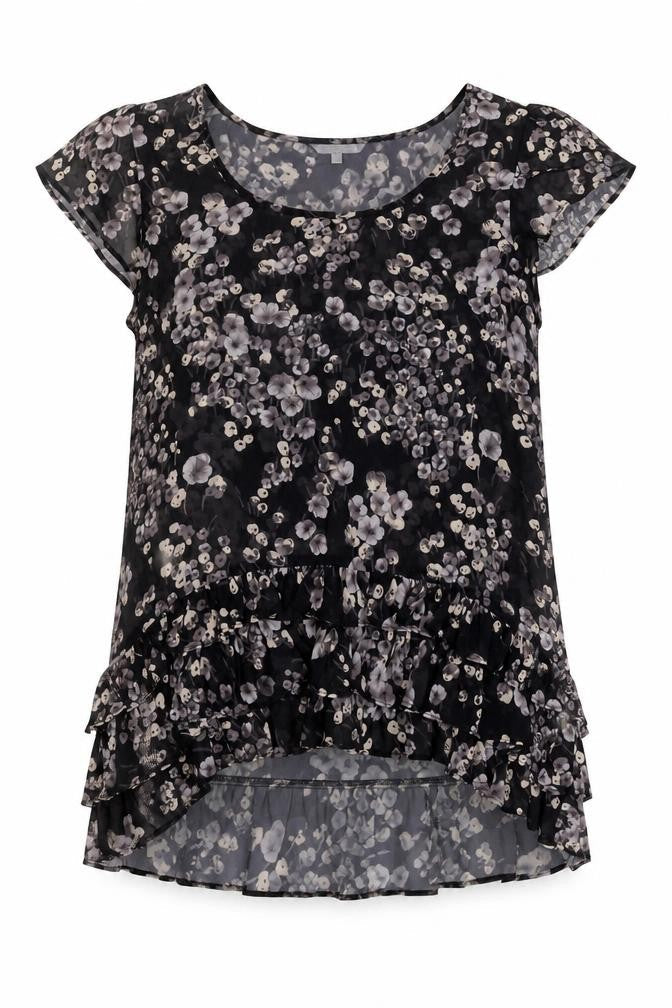 Women's Black Floral Blouse with Ruffle Detail