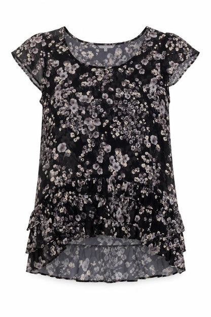 Women's Black Floral Blouse with Ruffle Detail