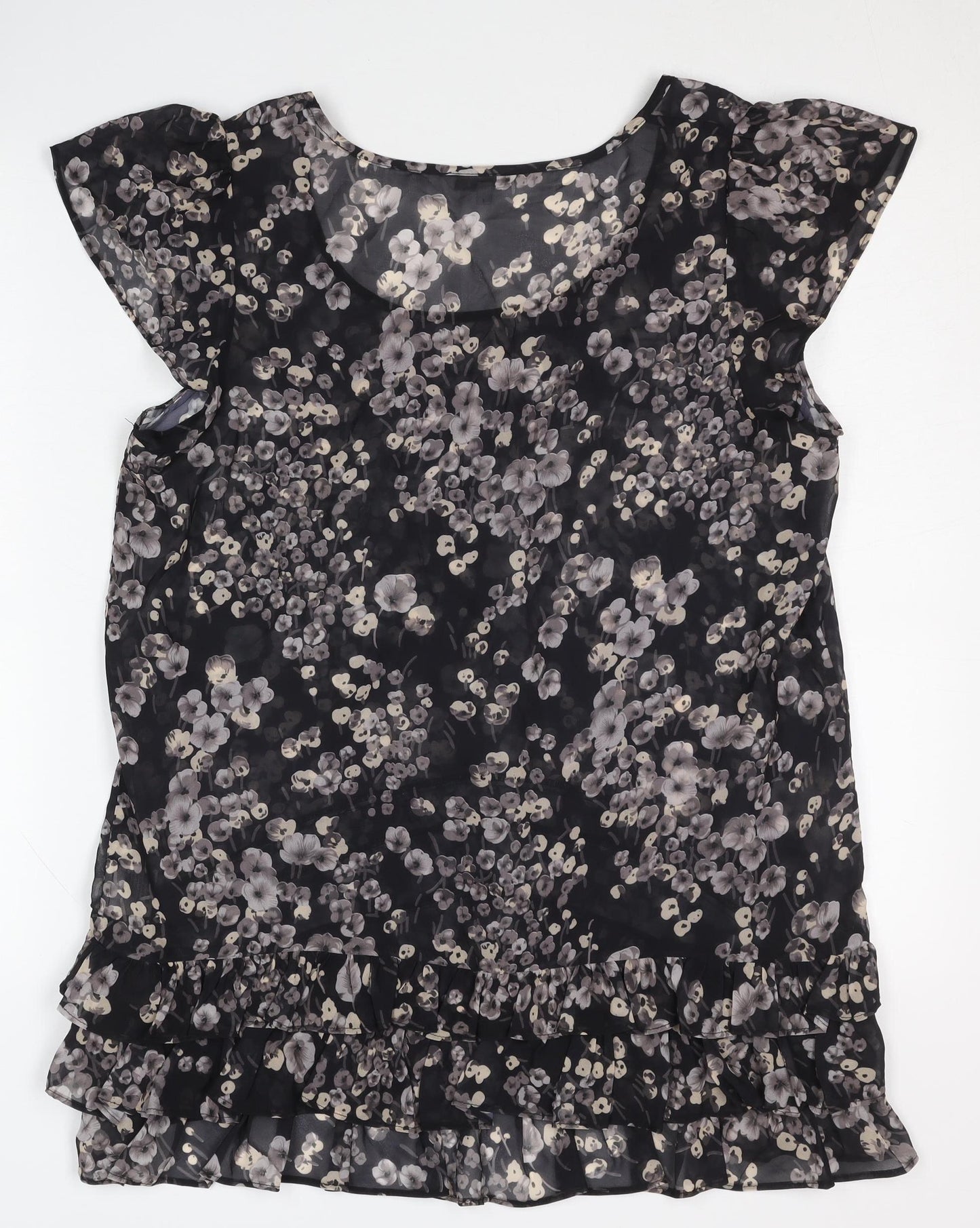Women's Black Floral Blouse with Ruffle Detail