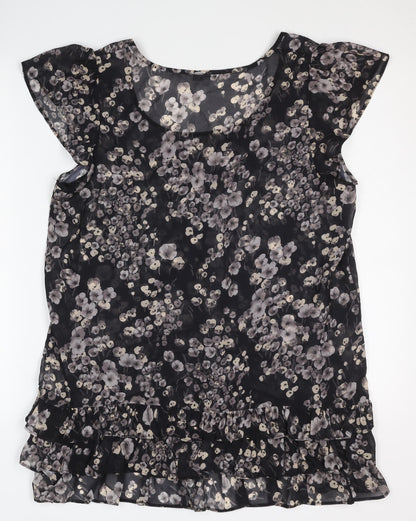 Women's Black Floral Blouse with Ruffle Detail