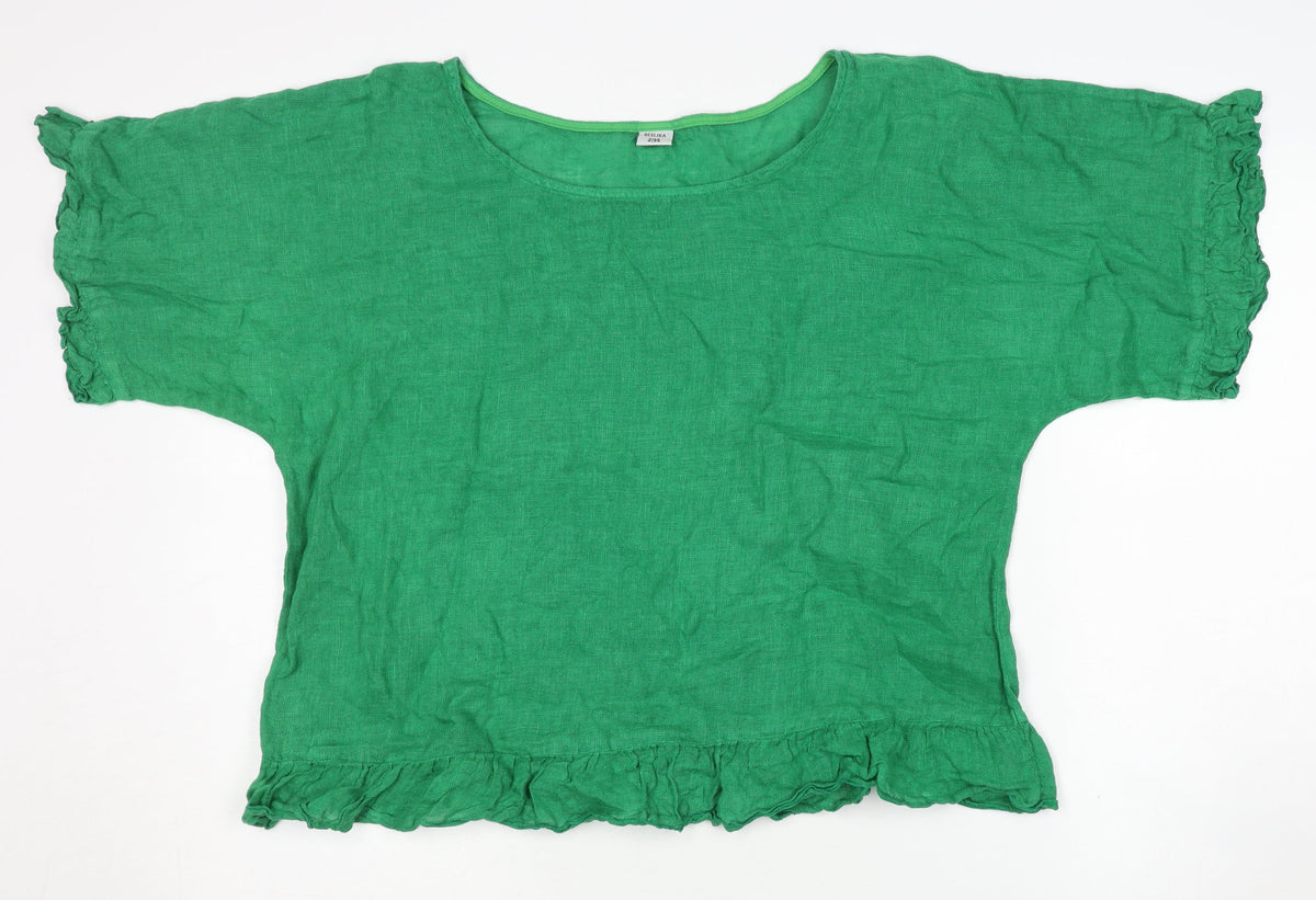BESLIKA Women's Green Linen Blouse - One Size, Ruffled