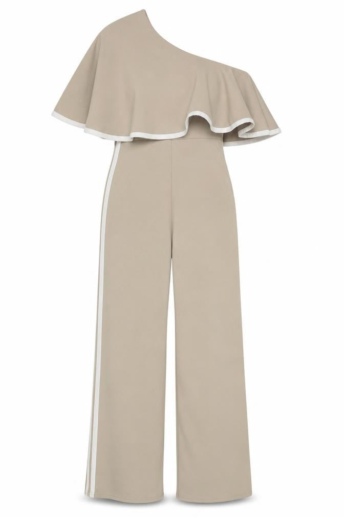 PrettyLittleThing Beige One Shoulder Jumpsuit Size 8