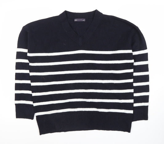 Marks and Spencer Women's Blue Striped V-Neck Jumper M