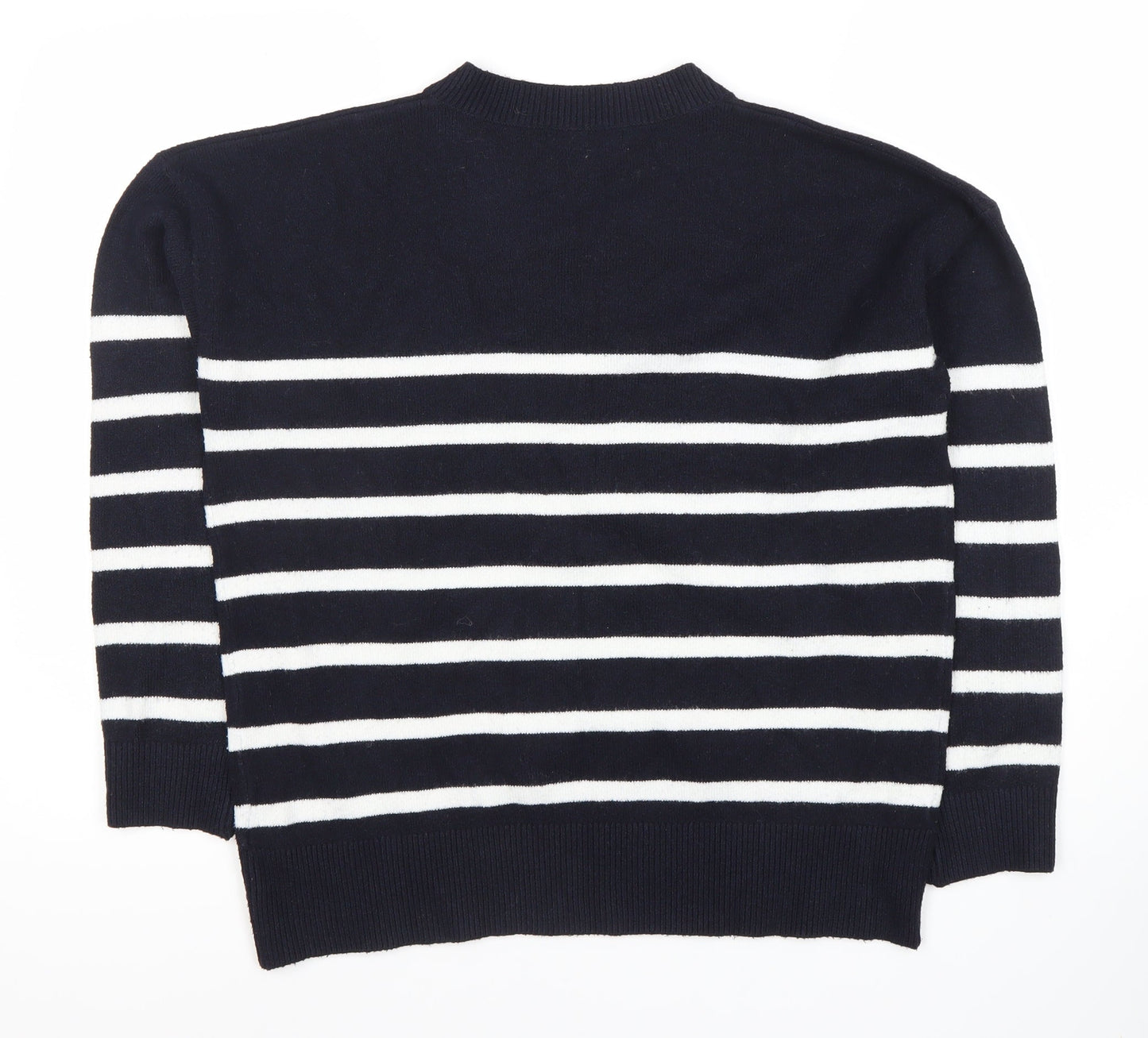 Marks and Spencer Women's Blue Striped V-Neck Jumper M