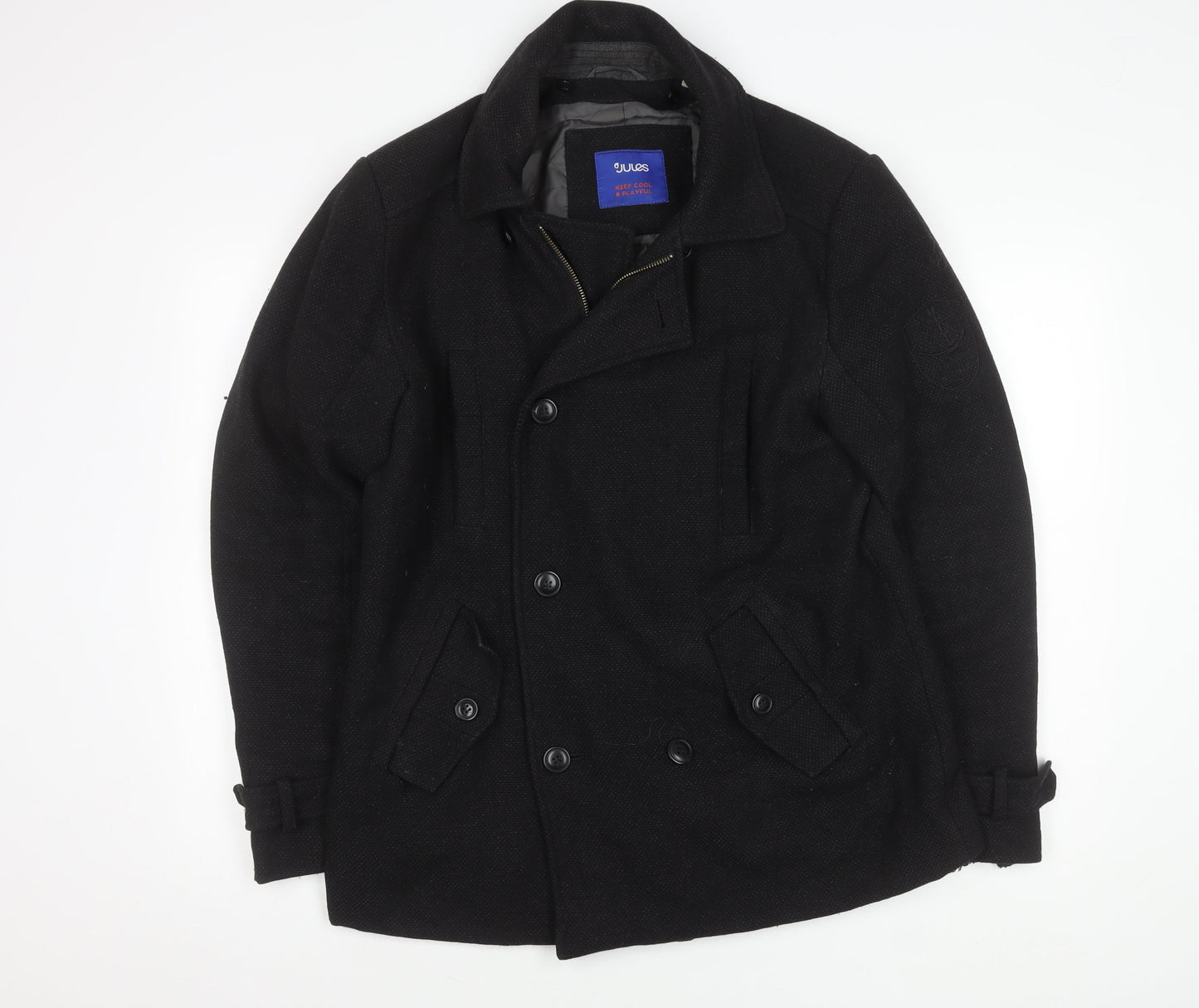 Jules Men's Black Wool Pea Coat Size M - Belted Casual Style
