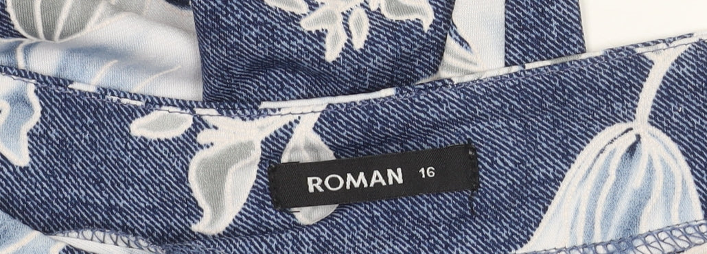 Roman Women's Blue Floral Dress Size 16 with Stretch