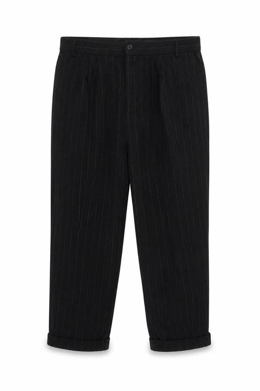 Front view of Zara Woman Black Striped Trousers XL, Pleated, Elegant