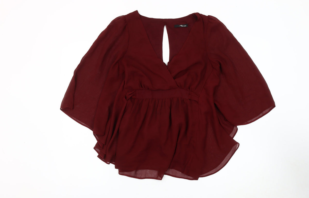 Jane Norman Women's Red Blouse 3/4 Sleeve V-Neck Size 10